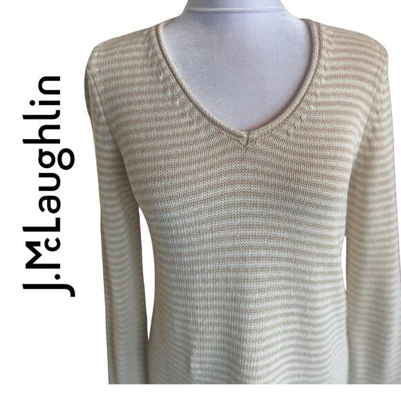 J. McLaughlin Callum Striped Knit V-Neck Sweater sand off-white Medium pullover - Picture 5 of 11